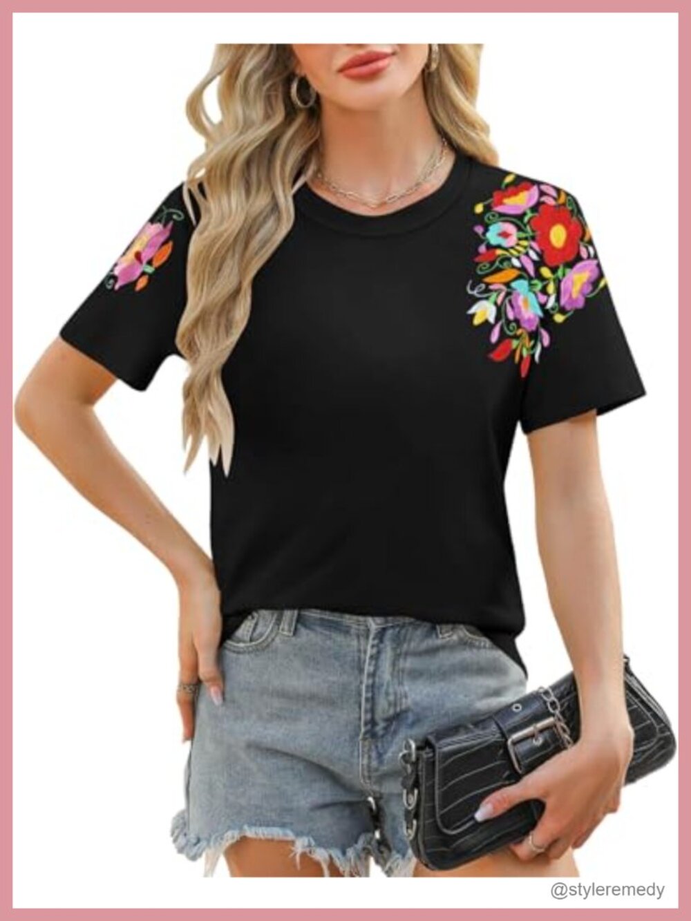 Women's Floral Embroidered Short Sleeve T-Shirt Boho Mexican Casual Tee